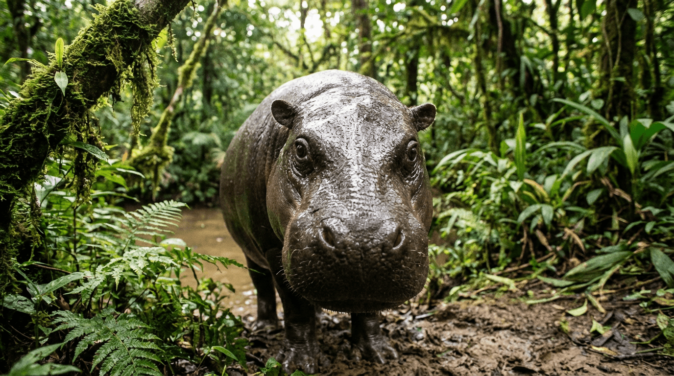 AI-generated Pygmy Hippopotamus image: Pygmy Hippopotamus Portrait. West African rainforests. Realistic animal image sample.