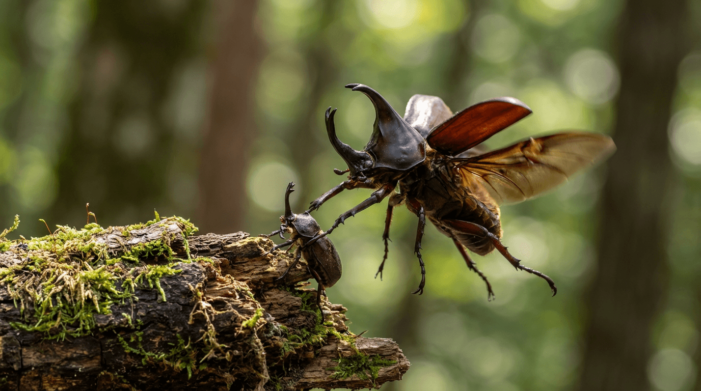 AI-generated Rhinoceros Beetle image: Rhinoceros Beetle Action Shot. Invertebrates. Tropical Regions.