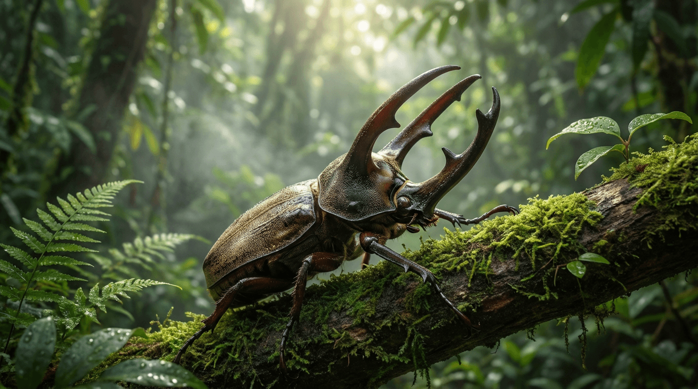 AI-generated Rhinoceros Beetle image: Rhinoceros Beetle in Natural Habitat. Realistic animal image sample.
