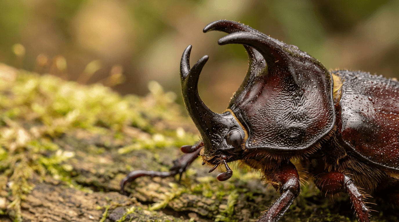AI-generated Rhinoceros Beetle image: Rhinoceros Beetle Close Portrait. Invertebrates. Tropical Regions.