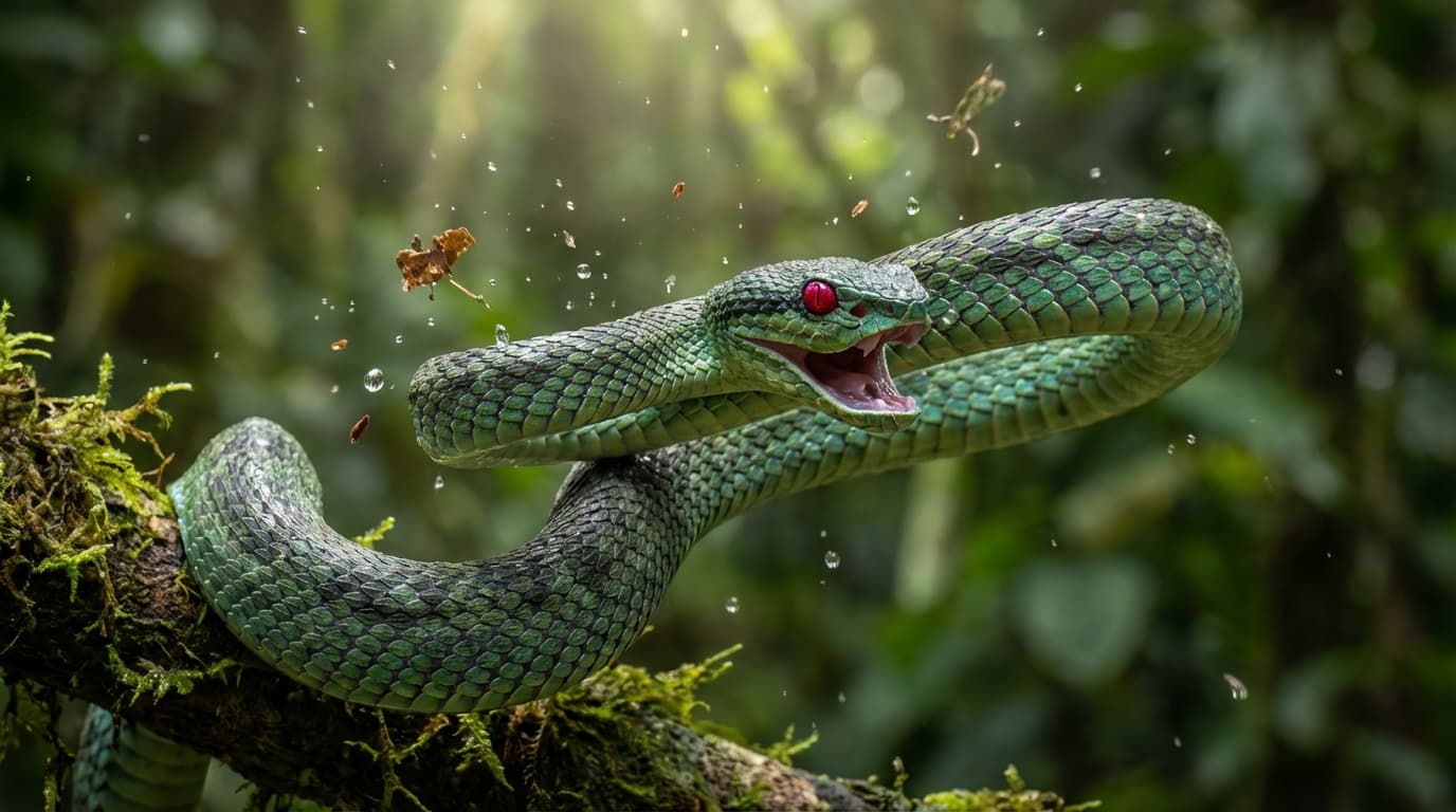 KI-generiertes Bild von Ruby-Eyed Pit Viper: Ruby-Eyed Pit Viper Actionaufnahme. Reptilien. Southeast Asian forests.