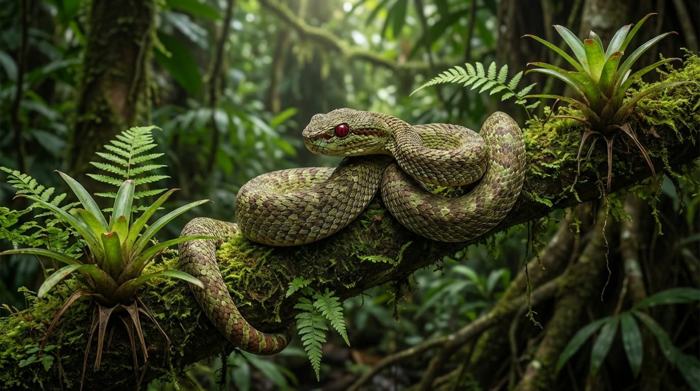 AI-generated Ruby-Eyed Pit Viper image: Ruby-Eyed Pit Viper in Natural Habitat. Realistic animal image sample.