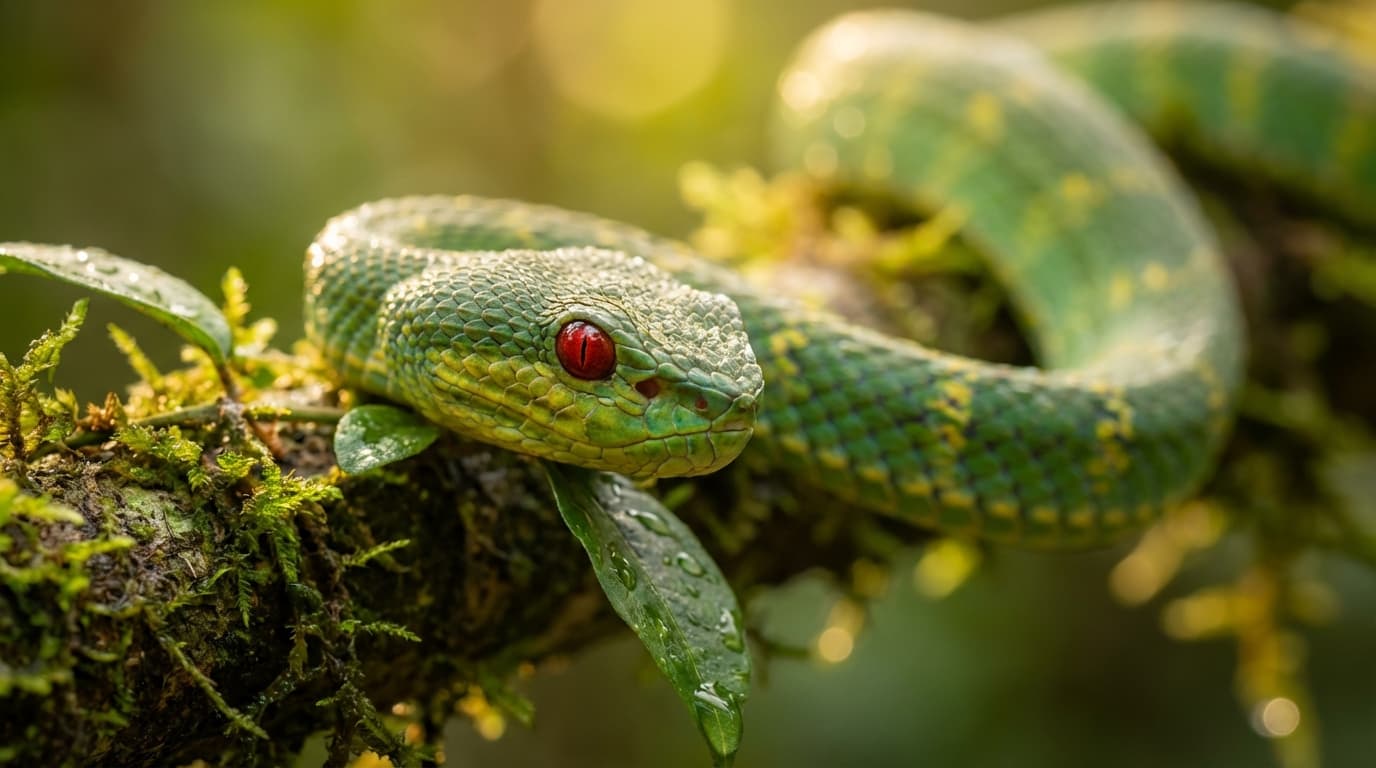 KI-generiertes Bild von Ruby-Eyed Pit Viper: Ruby-Eyed Pit Viper Porträt. Reptilien. Southeast Asian forests.