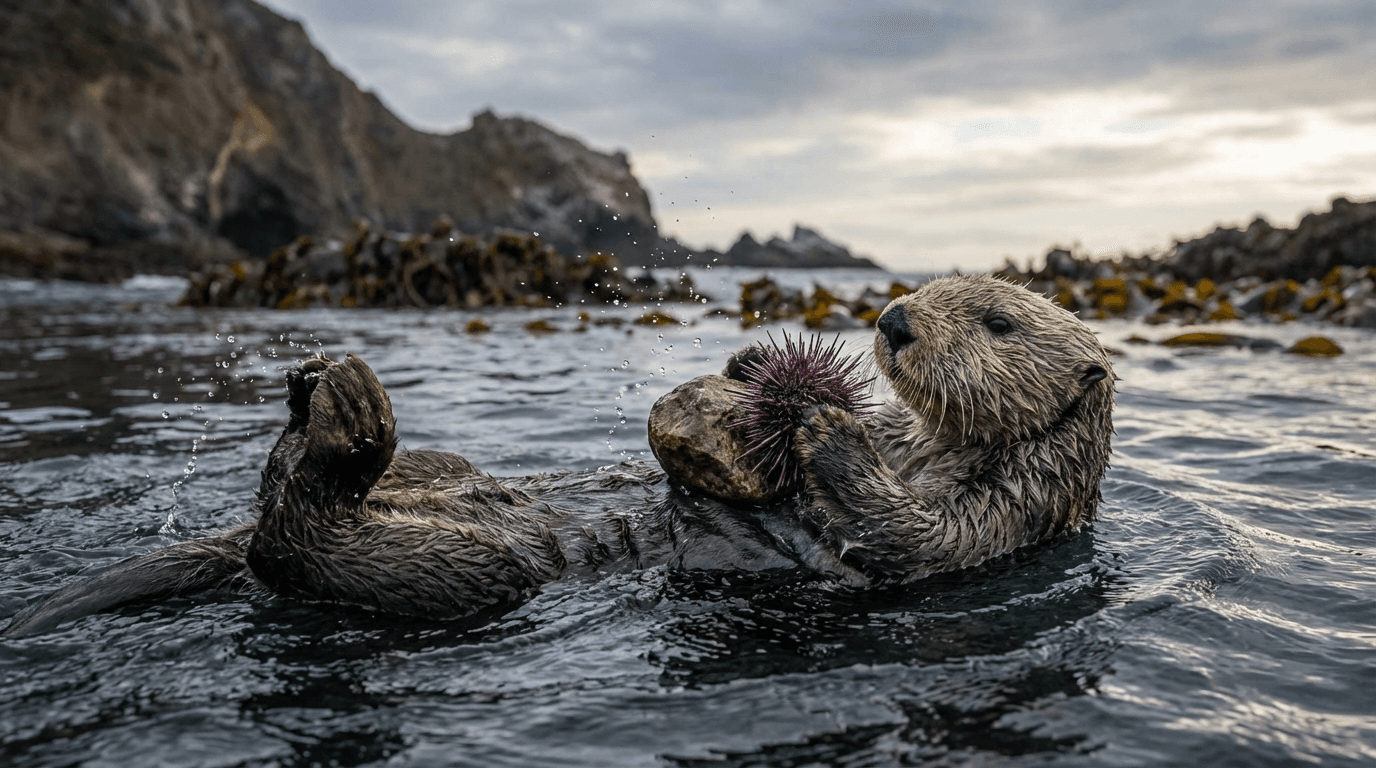 AI-generated Sea Otter image: Sea Otter Action Shot. Marine Mammals. North Pacific Coasts.