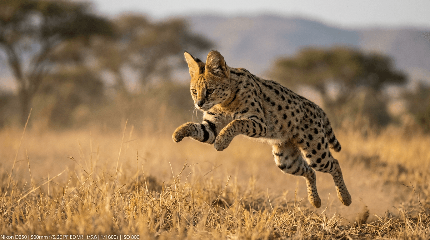 AI-generated Serval image: Serval Action Shot. Small Cats. African Savanna.