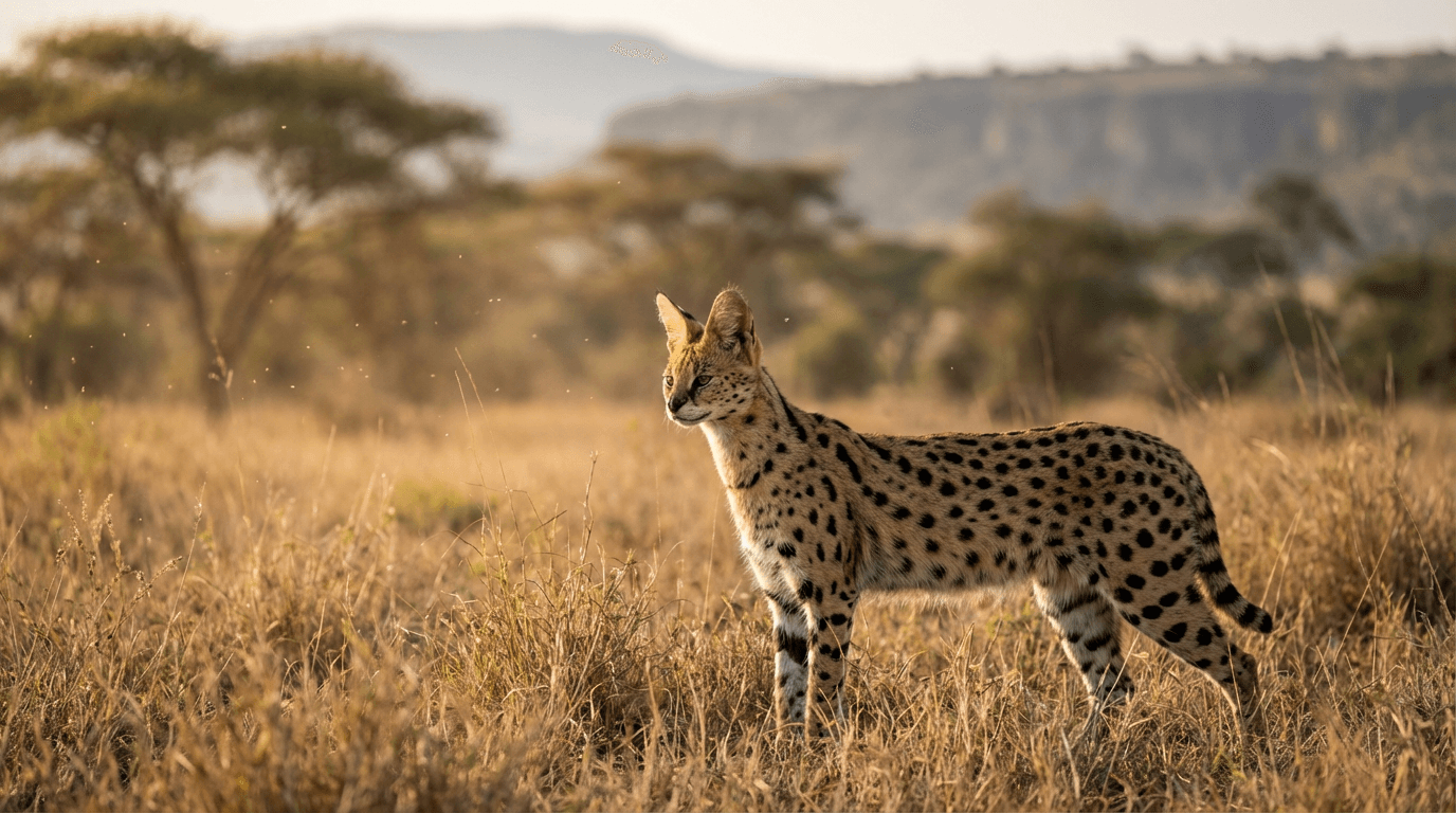 AI-generated Serval image: Serval in Natural Habitat. African Savanna. Realistic animal image sample.