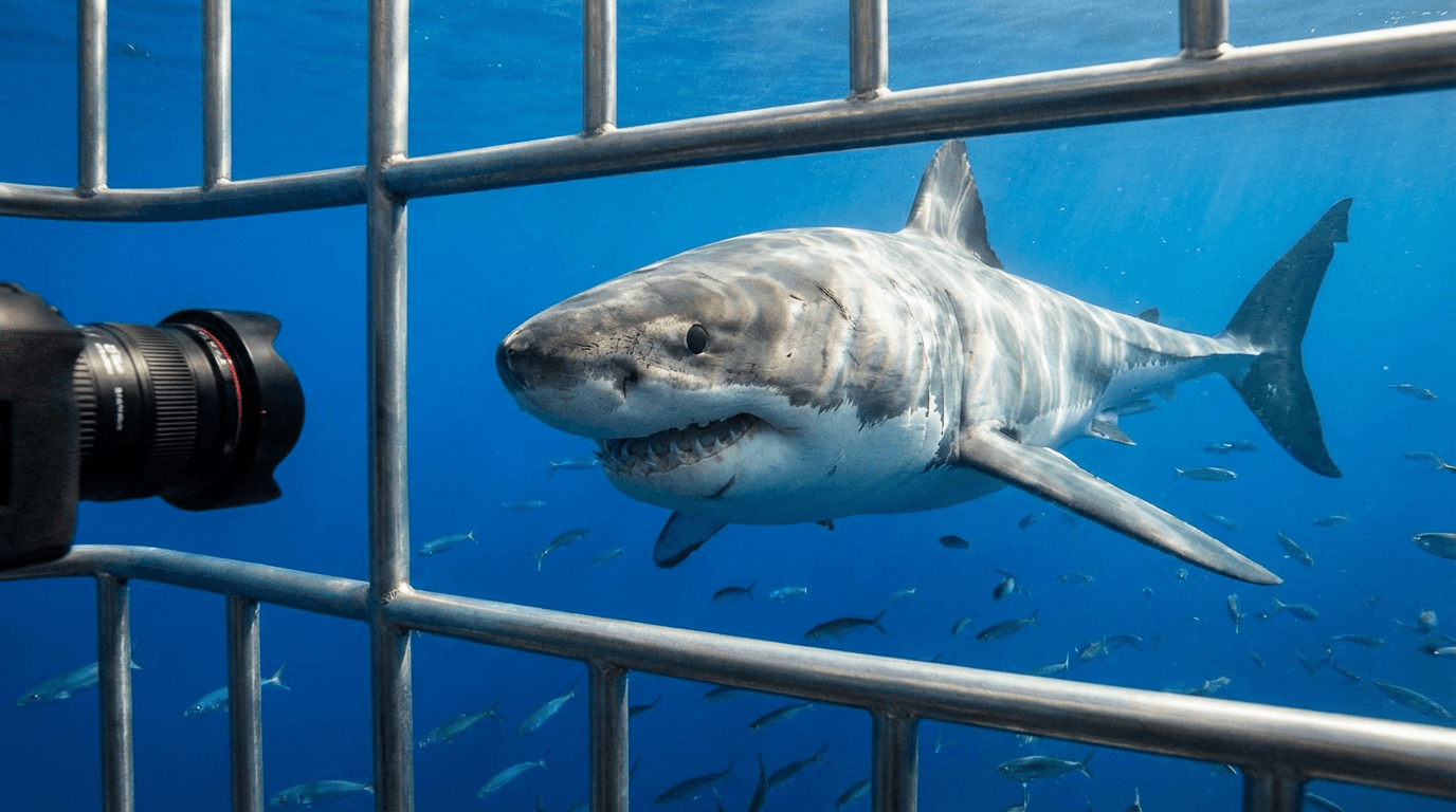 AI-generated Great White Shark image: Shark Underwater Approach. Marine Predators. Coastal Oceans.