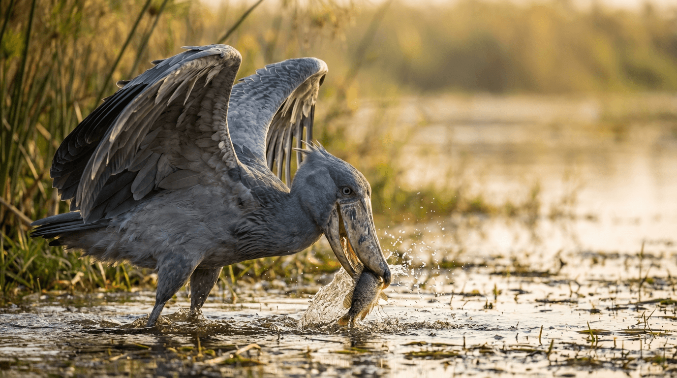 KI-generiertes Bild von Shoebill: Shoebill Actionaufnahme. Vögel. East African Swamps.