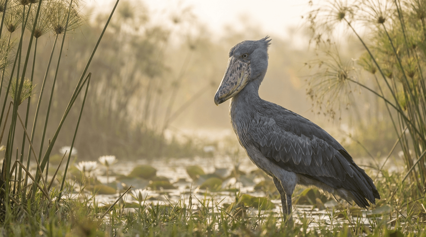 AI 生成的 Shoebill 图片:Shoebill 的自然栖息地,East African Swamps. 真实感动物图片样片。