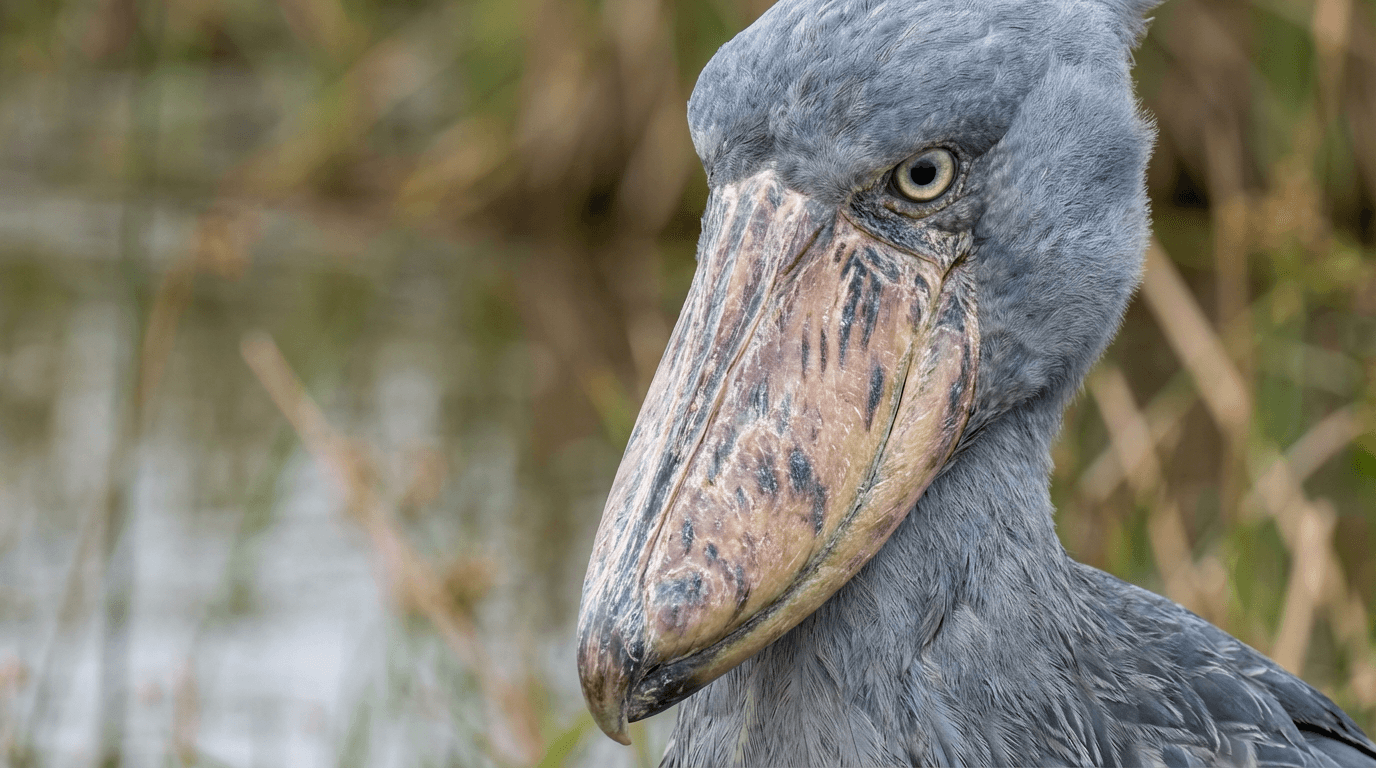 AI-generated Shoebill image: Shoebill Close Portrait. Birds. East African Swamps.
