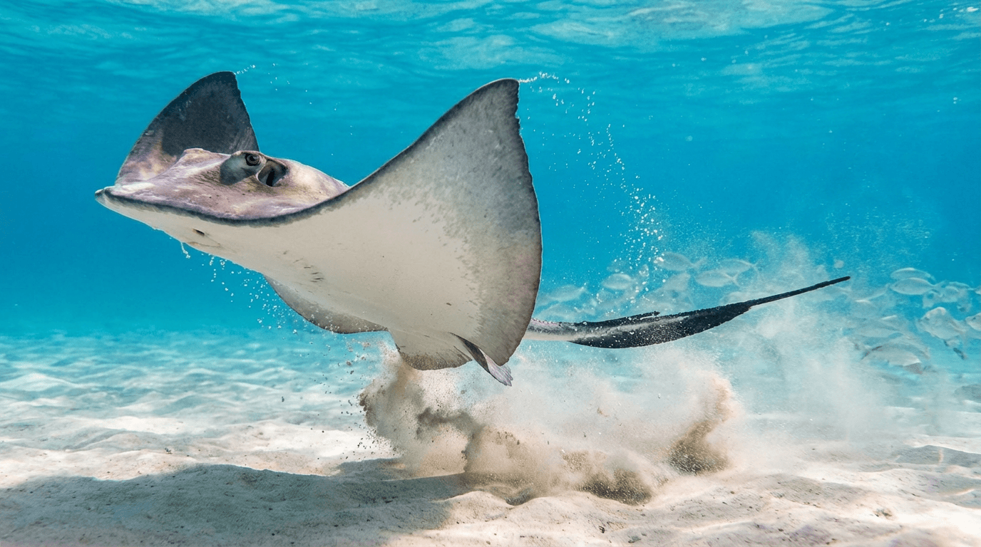 AI-generated Stingray image: Stingray Action Shot. Marine Fish. Coastal Tropical Waters.