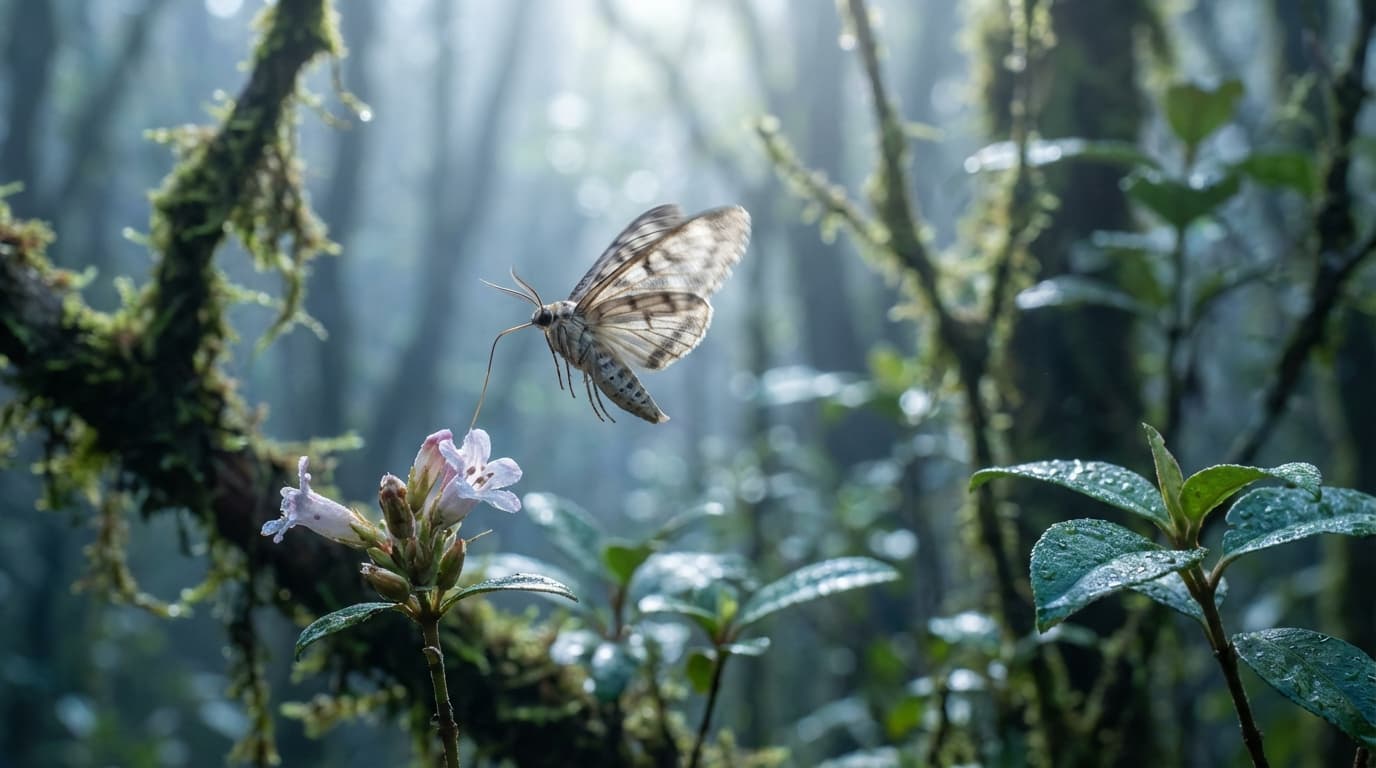 KI-generiertes Bild von Thunberg Moth: Thunberg Moth Actionaufnahme. Wirbellose. Southeast Asian island forests.