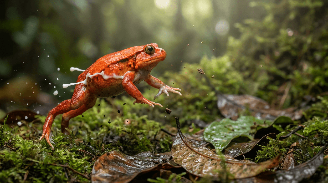 AI-generated Tomato Frog image: Tomato Frog Action Shot. Amphibians. Madagascar.