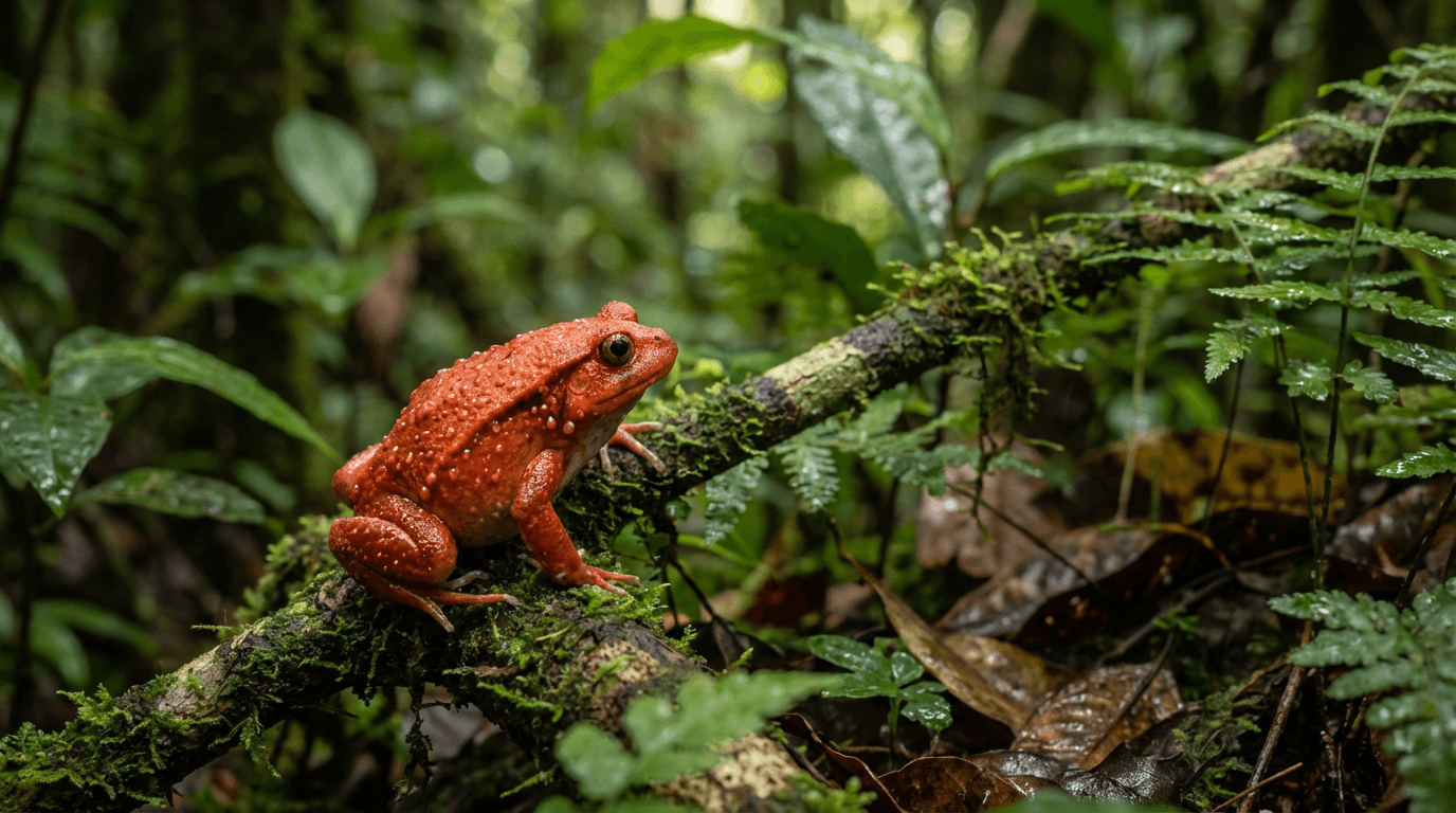 AI-generated Tomato Frog image: Tomato Frog in Natural Habitat. Realistic animal image sample.