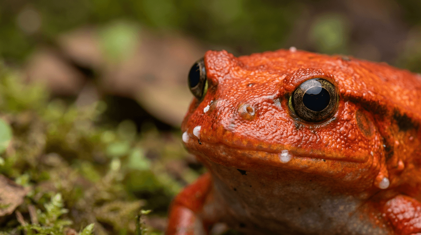 AI-generated Tomato Frog image: Tomato Frog Close Portrait. Amphibians. Madagascar.