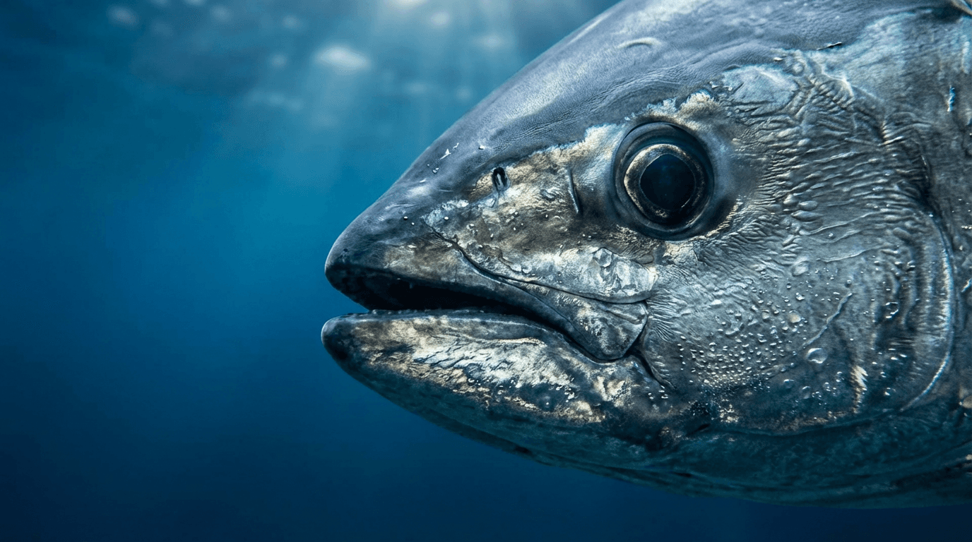 KI-generiertes Bild von Tuna: Tuna Close Porträt. Meeresfische. Oceans Worldwide.