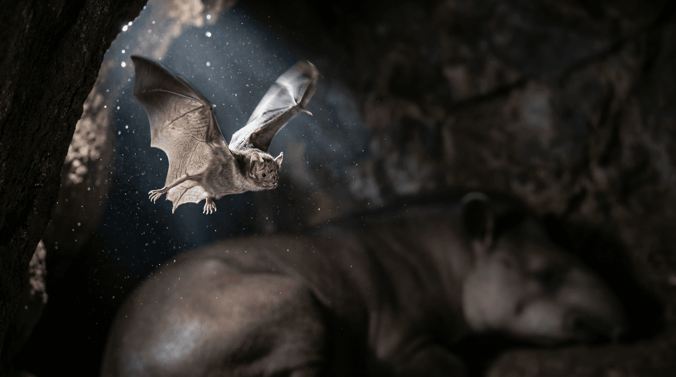 AI-generated Vampire Bat image: Vampire Bat Action Shot. Small Mammals. Central and South America.