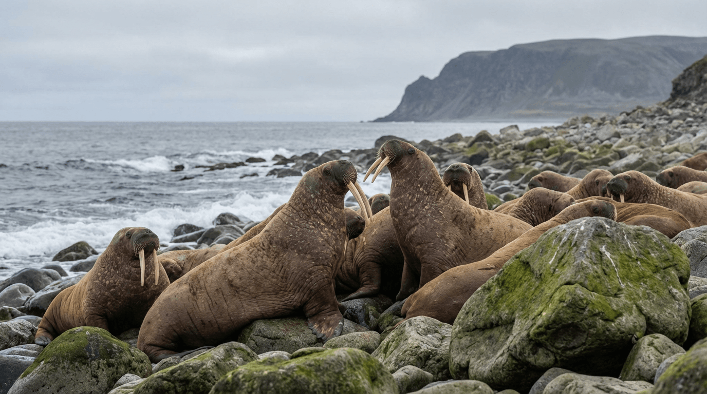AI-generated Walrus image: Walrus Haul-out Group. Marine Mammals. Arctic Ocean.