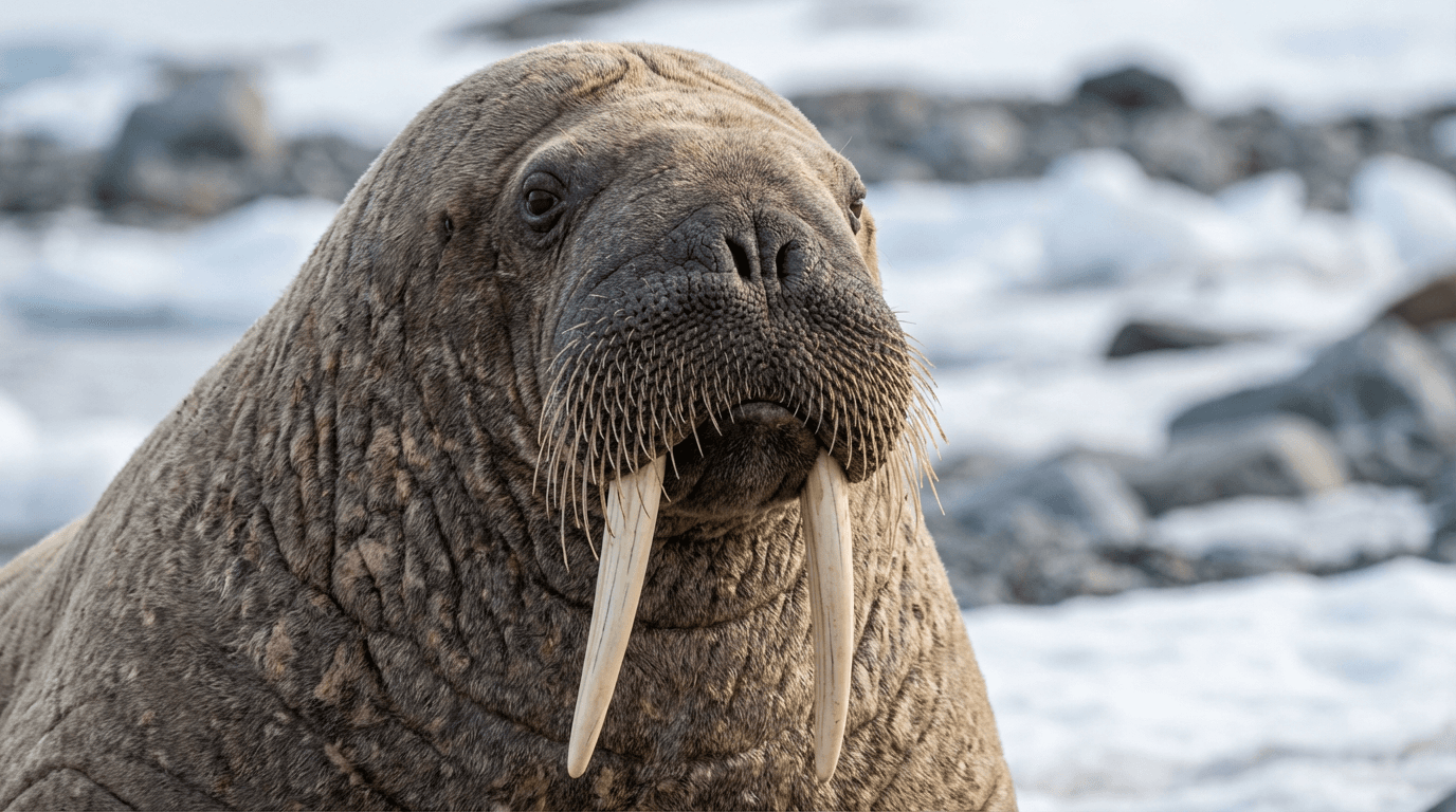 KI-generiertes Bild von Walrus: Walrus Face Porträt. Meeressäuger. Arctic Ocean.
