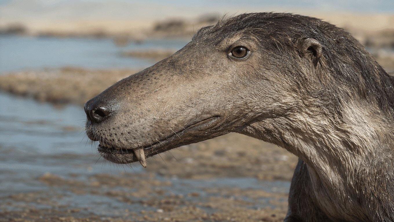 AI 生成的 Ambulocetus 图片:Ambulocetus 特写肖像,远古哺乳动物. 49-48 Million Years Ago。