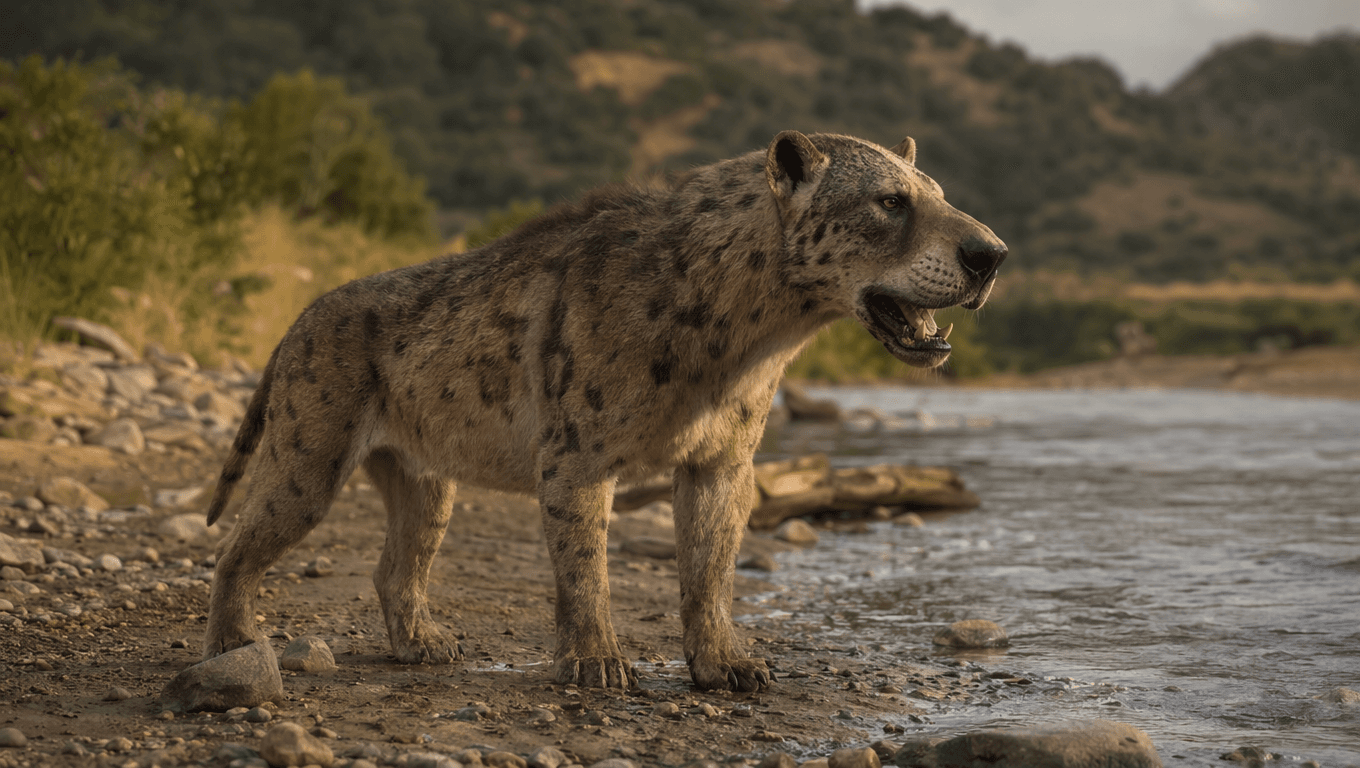 Imagen de Amphicyon generada con IA: Amphicyon en su hábitat natural. Mamíferos antiguos.