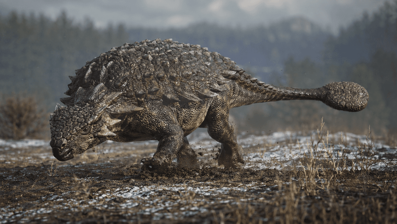 AI 生成的 Ankylosaurus 图片:Ankylosaurus 动作场景,恐龙. 68-66 Million Years Ago。