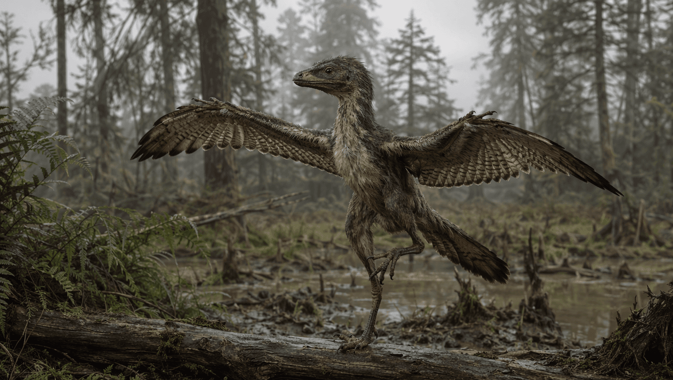 Imagen de Archaeopteryx generada con IA: Archaeopteryx en su hábitat natural. Aves prehistóricas.