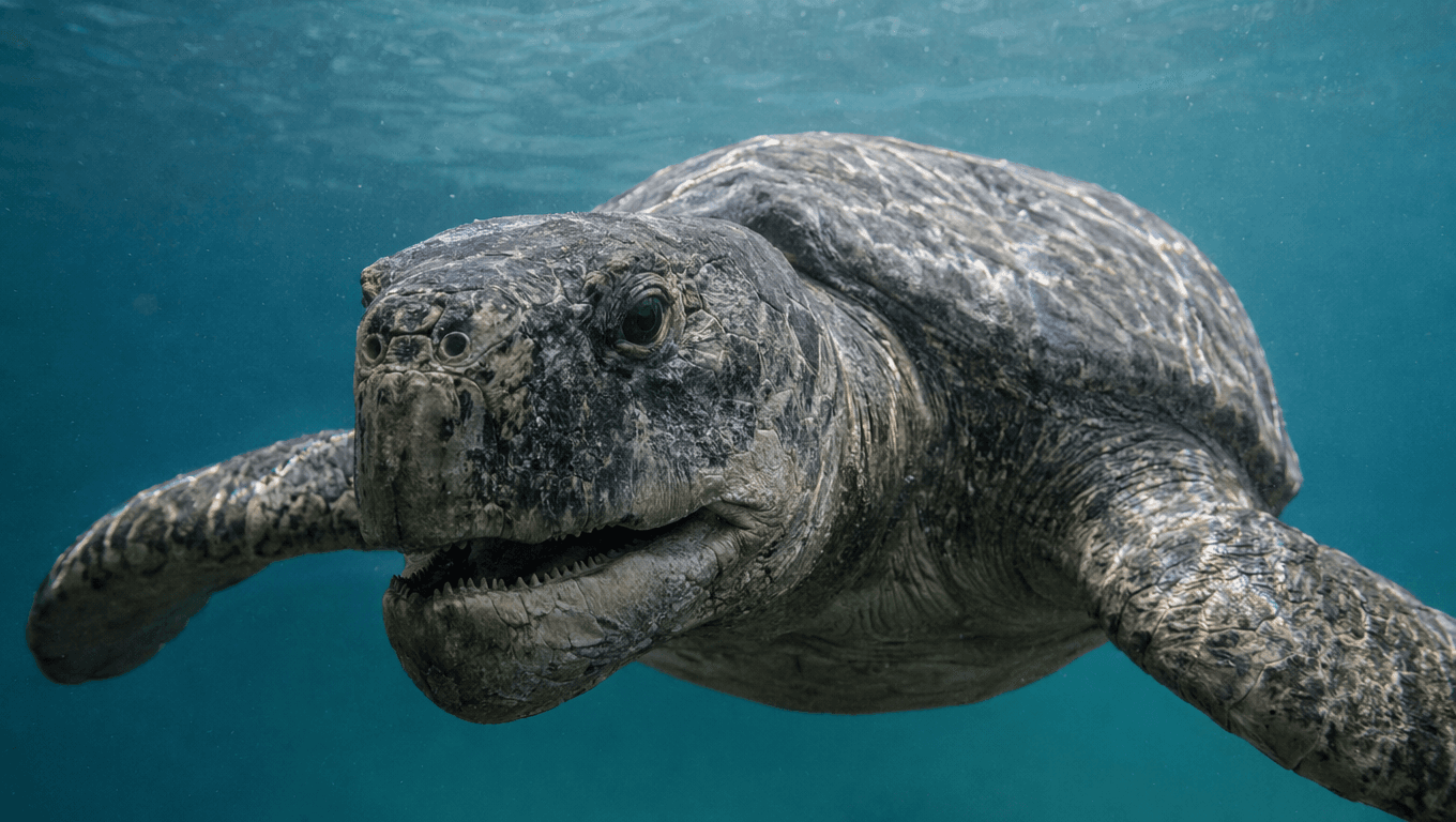 AI 生成的 Archelon 图片:Archelon 特写肖像,海洋爬行动物. 80-66 Million Years Ago。