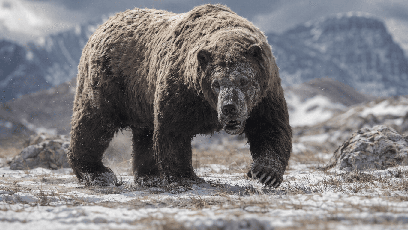 AI 生成的 Arctotherium 图片:Arctotherium Action Scene,冰河时代哺乳动物. 2 Million - 11,000 Years Ago。