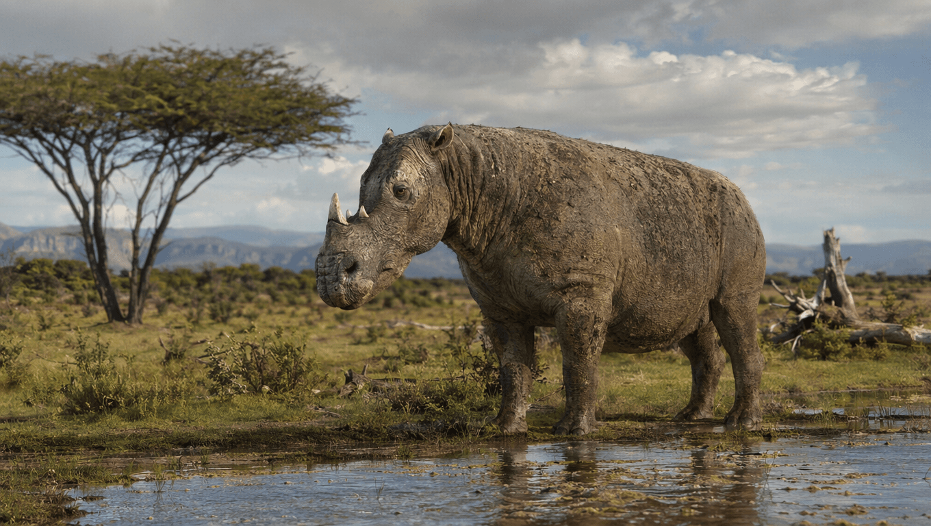 Imagen de Arsinoitherium generada con IA: Arsinoitherium en su hábitat natural. Mamíferos antiguos.