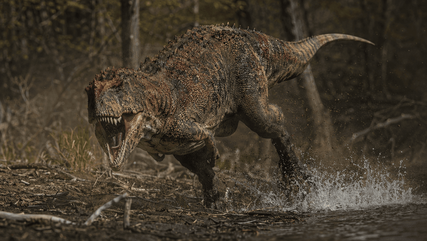 AI 生成的 Ceratosaurus 图片:Ceratosaurus Action Scene,恐龙. 153-148 Million Years Ago。