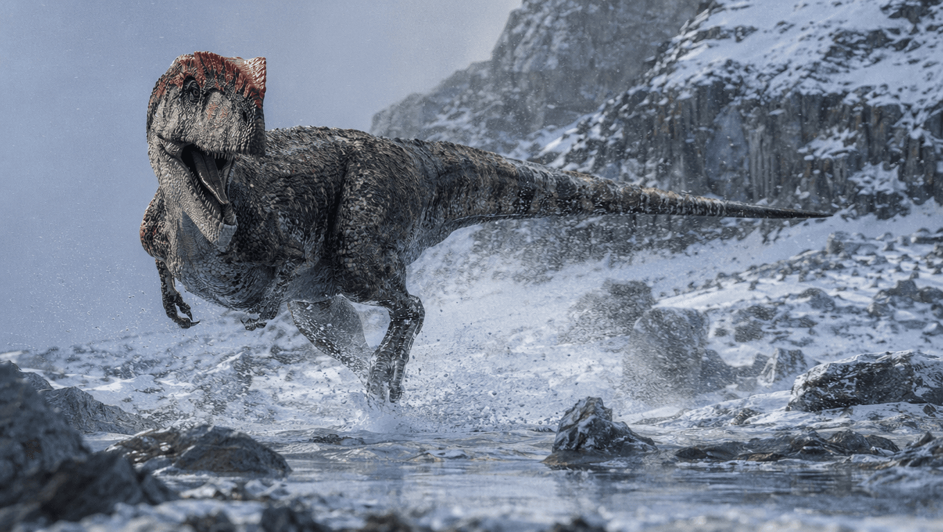 AI 生成的 Cryolophosaurus 图片:Cryolophosaurus Action Scene,恐龙. 194-188 Million Years Ago。