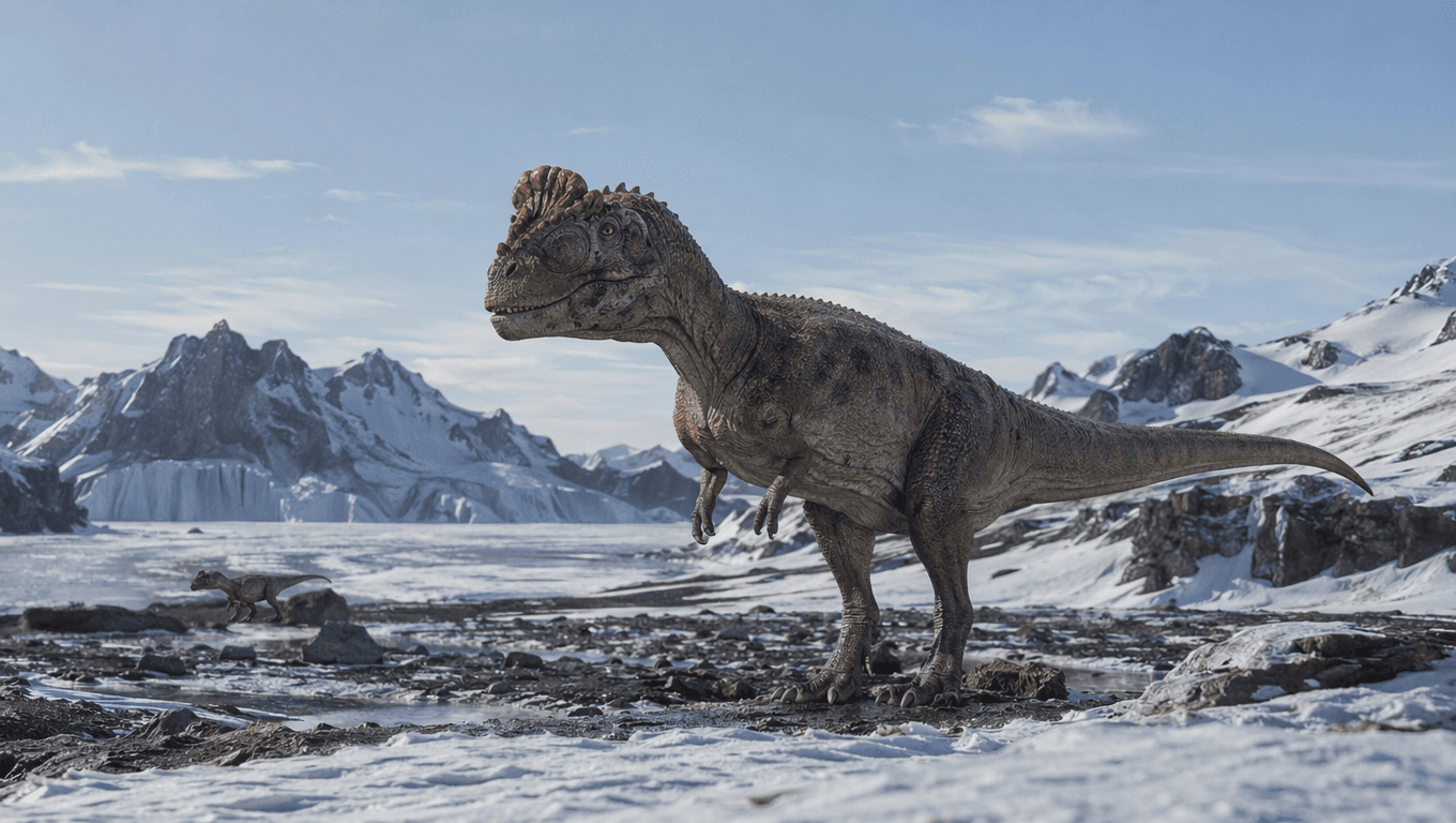 AI生成のCryolophosaurus画像:Cryolophosaurus reconstruction、Dinosaurs. 194-188 Million Years Ago。