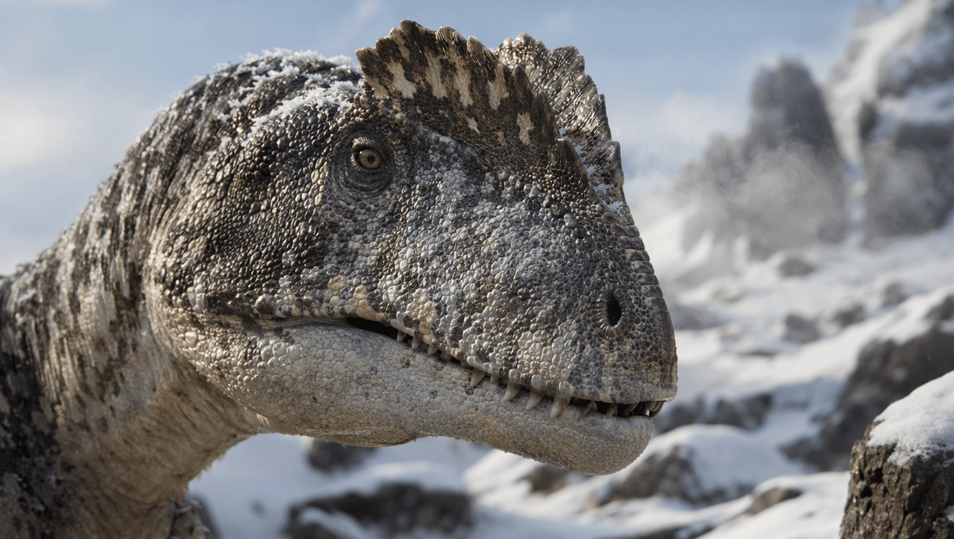 AI 生成的 Cryolophosaurus 图片:Cryolophosaurus 特写肖像,恐龙. 194-188 Million Years Ago。