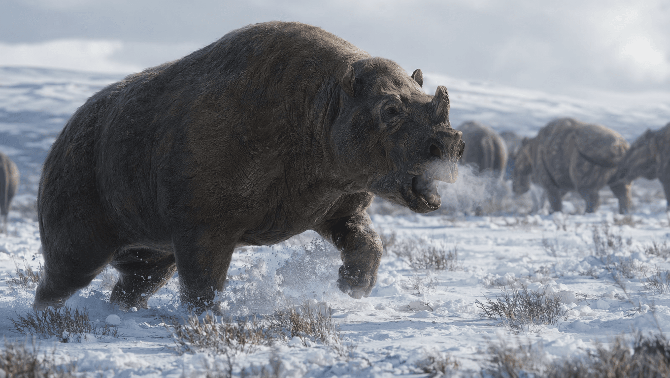 AI 生成的 Euceratherium 图片:Euceratherium Action Scene,冰河时代哺乳动物. 2 Million - 8,000 Years Ago。