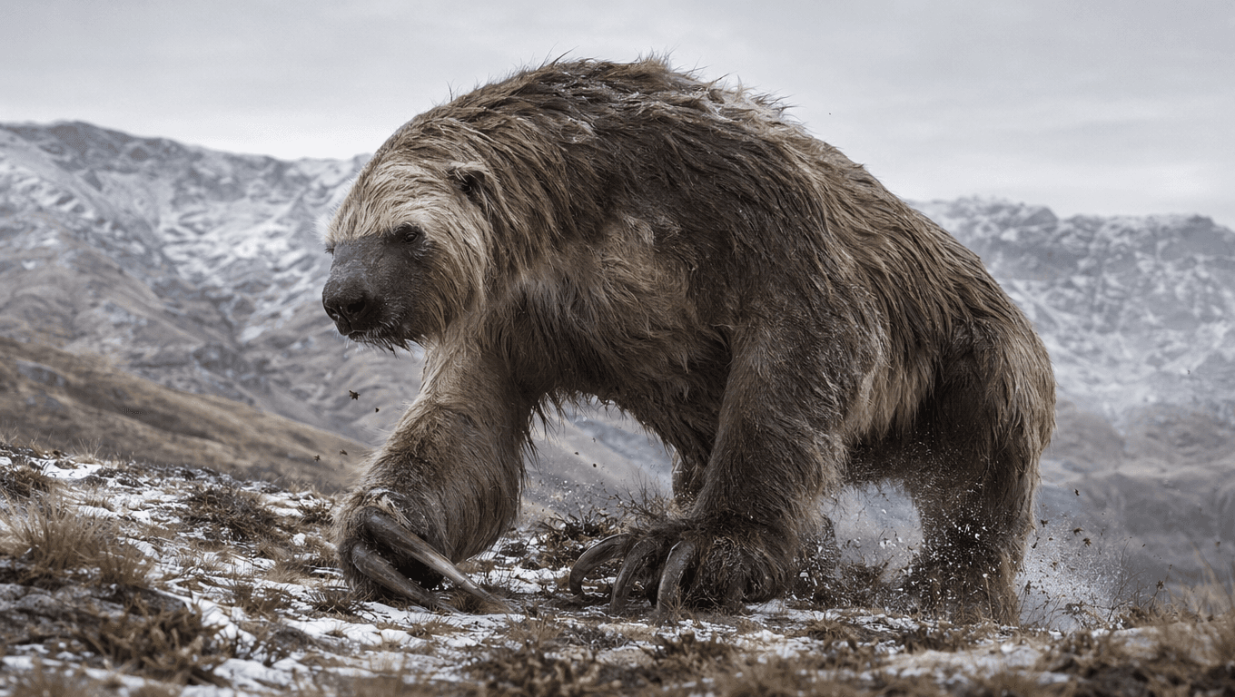 AI 生成的 Giant Ground Sloth 图片:Giant Ground Sloth 动作场景,冰河时代哺乳动物. 5 Million-11,000 Years Ago。