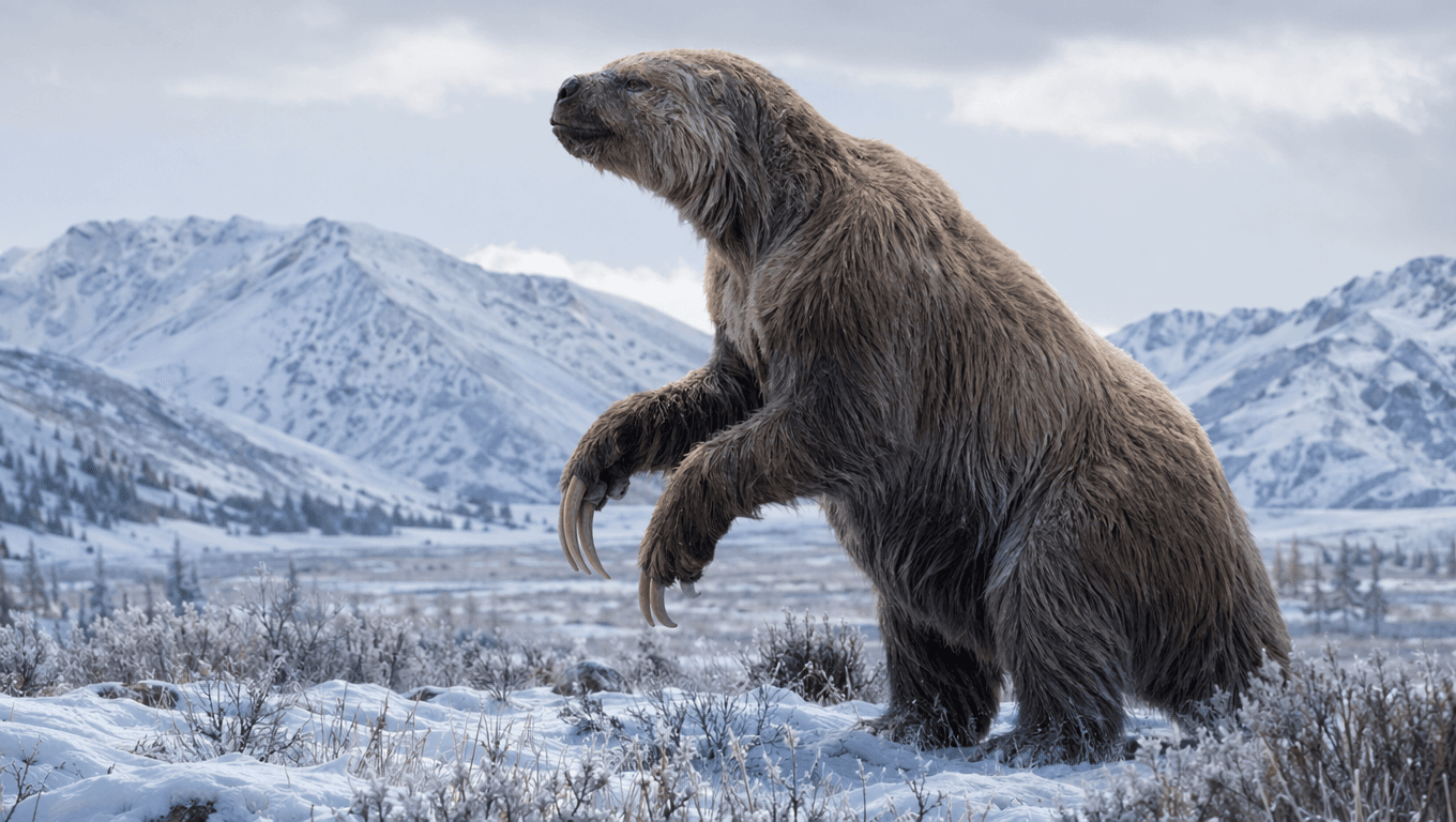 AI 生成的 Giant Ground Sloth 图片:Giant Ground Sloth 的自然栖息地,冰河时代哺乳动物。