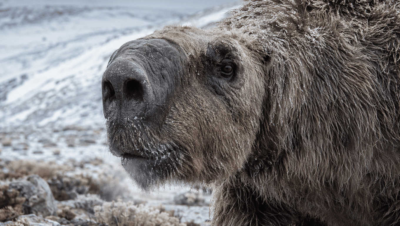 AI 生成的 Giant Ground Sloth 图片:Giant Ground Sloth 特写肖像,冰河时代哺乳动物. 5 Million-11,000 Years Ago。