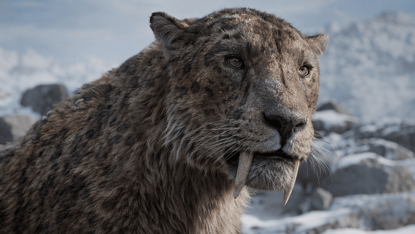 AI 生成的 Homotherium 图片:Homotherium 特写肖像,冰河时代哺乳动物. 5 Million - 10,000 Years Ago。