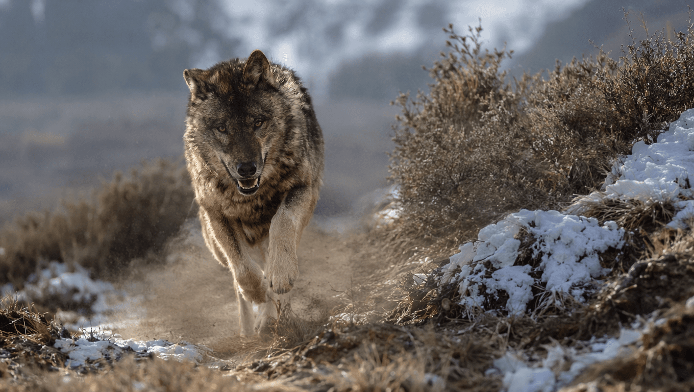 AI 生成的 Japanese Wolf 图片:Japanese Wolf Action Scene,近代灭绝动物. Extinct 1905。