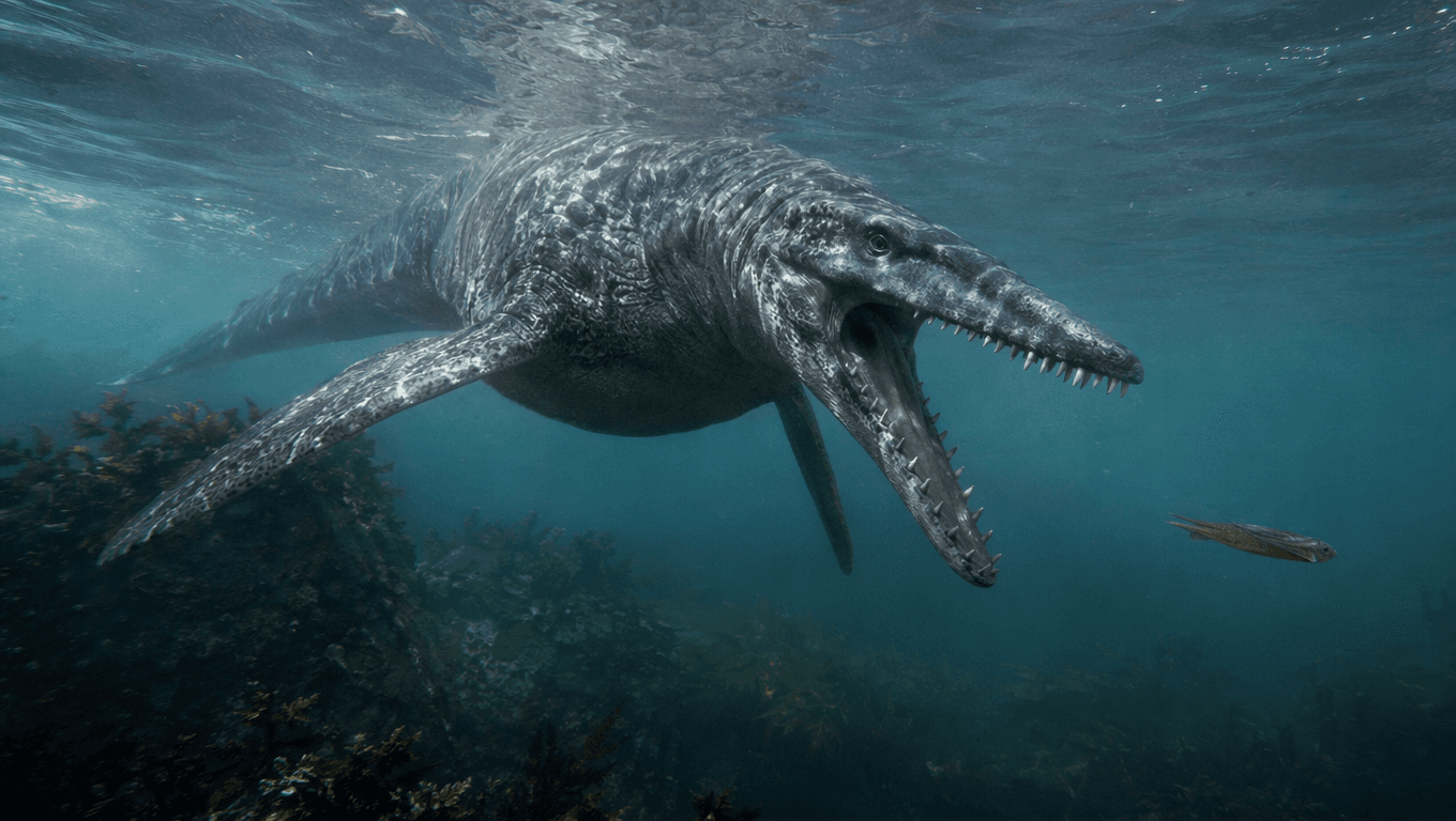 AI 生成的 Kronosaurus 图片:Kronosaurus Action Scene,海洋爬行动物. 125-99 Million Years Ago。