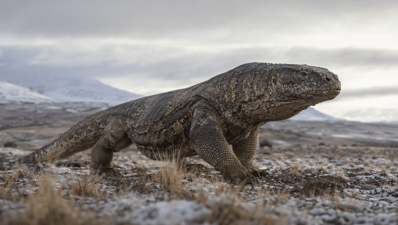 AI 生成的 Megalania 图片:Megalania reconstruction,Prehistoric Reptiles. 1.6 Million-40,000 Years Ago。
