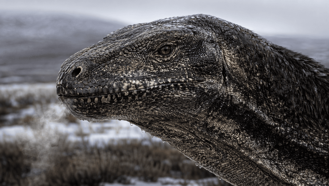 AI 生成的 Megalania 图片:Megalania 特写肖像,史前爬行动物. 1.6 Million-40,000 Years Ago。