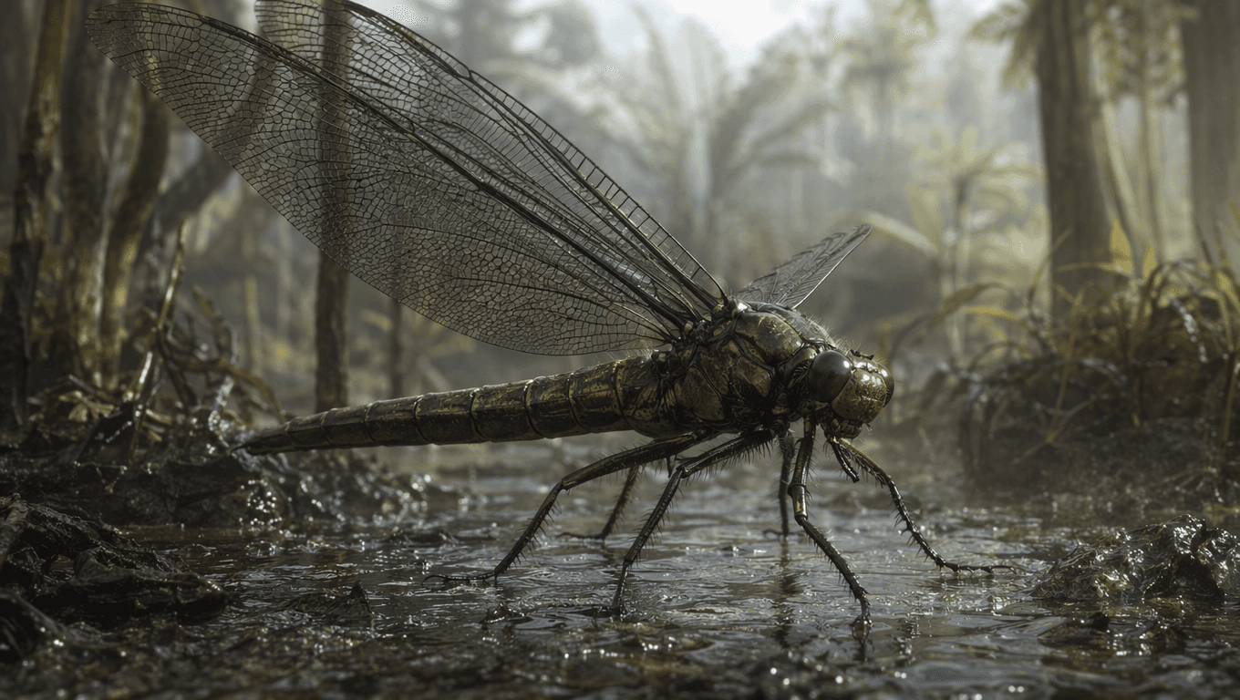 AI 生成的 Meganeura 图片:Meganeura 动作场景,史前无脊椎动物. 300 Million Years Ago。