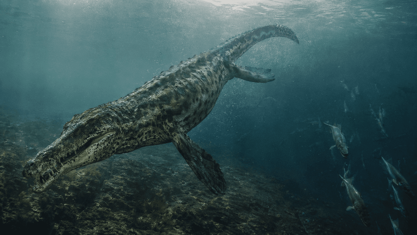 AI 生成的 Metriorhynchus 图片:Metriorhynchus Action Scene,海洋爬行动物. 164-145 Million Years Ago。