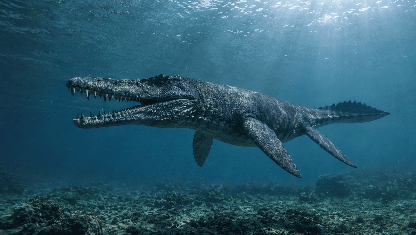 AI 生成的 Metriorhynchus 图片:Metriorhynchus reconstruction,Marine Reptiles. 164-145 Million Years Ago。