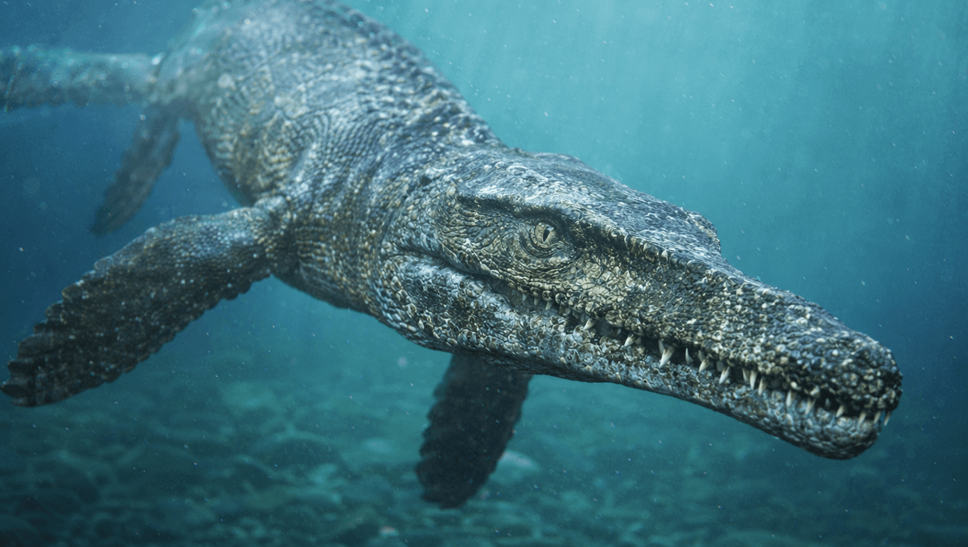 AI 生成的 Metriorhynchus 图片:Metriorhynchus 特写肖像,海洋爬行动物. 164-145 Million Years Ago。