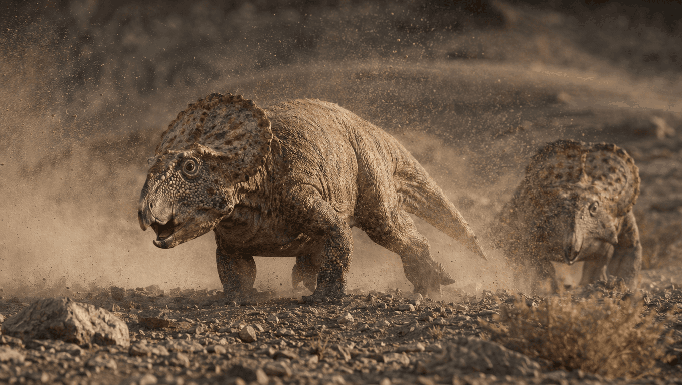 AI 生成的 Protoceratops 图片:Protoceratops Action Scene,恐龙. 75-71 Million Years Ago。