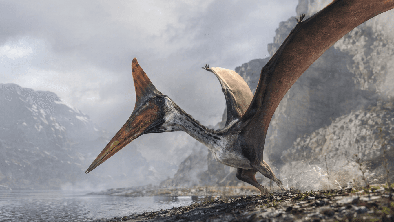 AI 生成的 Pterodactylus 图片:Pterodactylus Action Scene,飞行爬行动物. 150 Million Years Ago。
