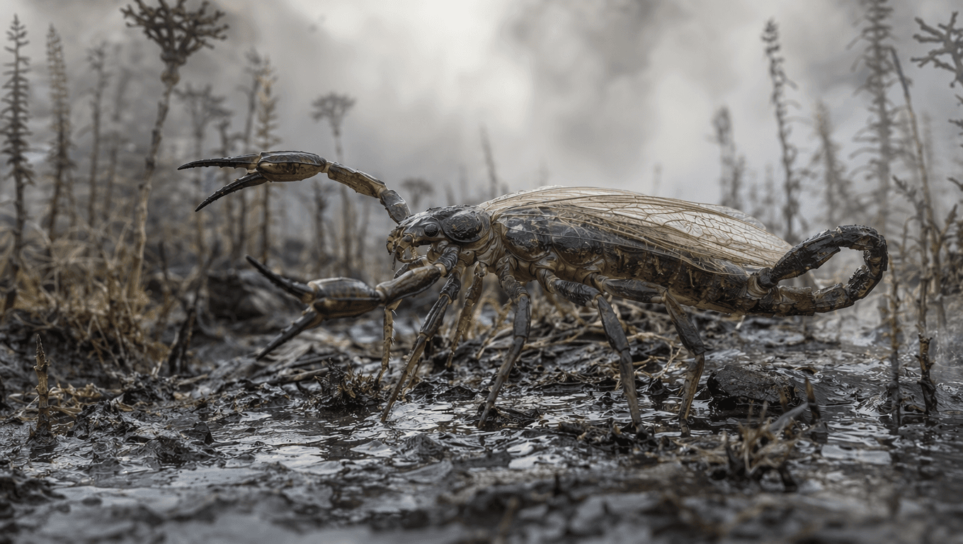 AI 生成的 Pulmonoscorpius 图片:Pulmonoscorpius Action Scene,远古无脊椎动物. 336-326 Million Years Ago。